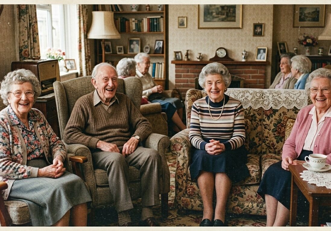nursing home photo with four elderly people sat in chairs in a comfy lounge